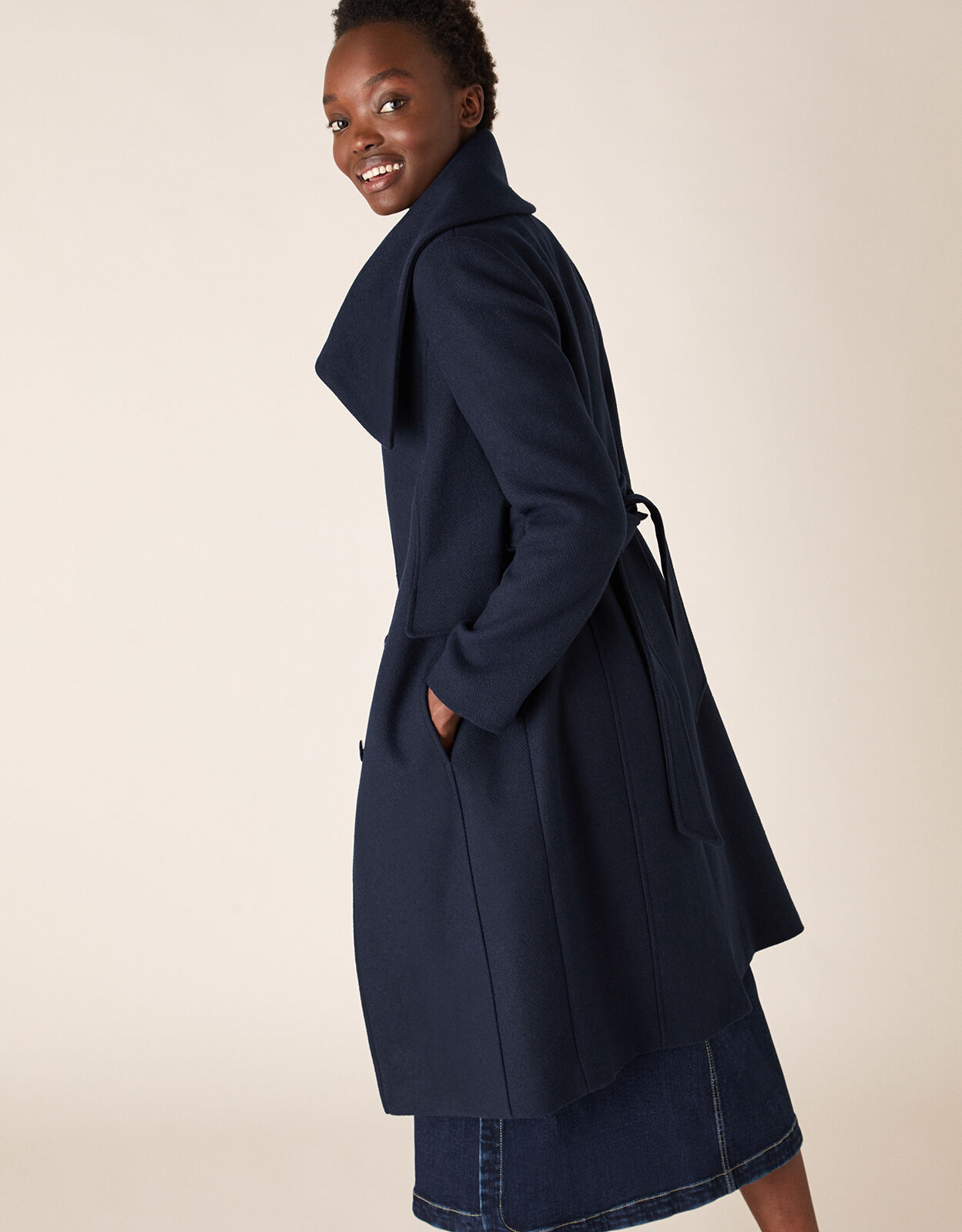 Keryn Wrap Collar Belted Coat Blue | Women's Coats | Monsoon UK.